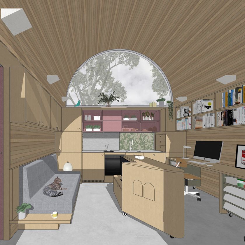 Visualisation of Art Studio Cabin interior view of art workspace and living area