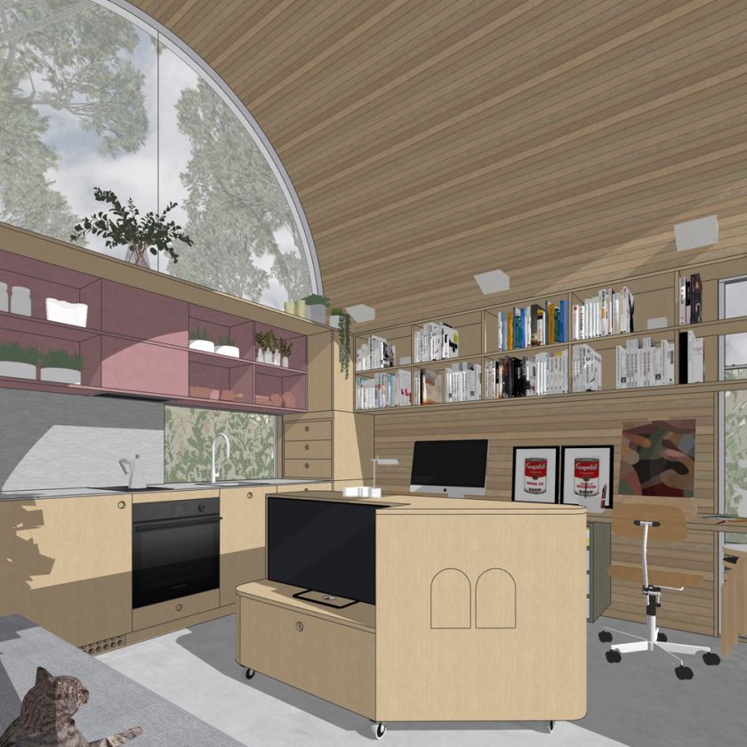 Visualisation of Art Studio Cabin interior view of art workspace and living area