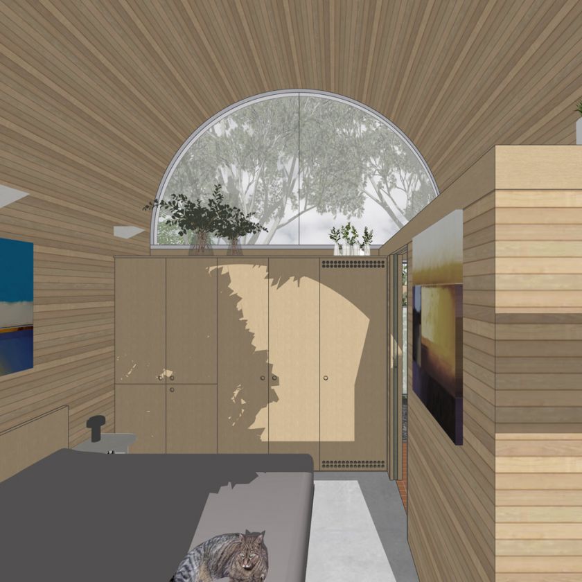Visualisation of Art Studio Cabin interior view of bedroom