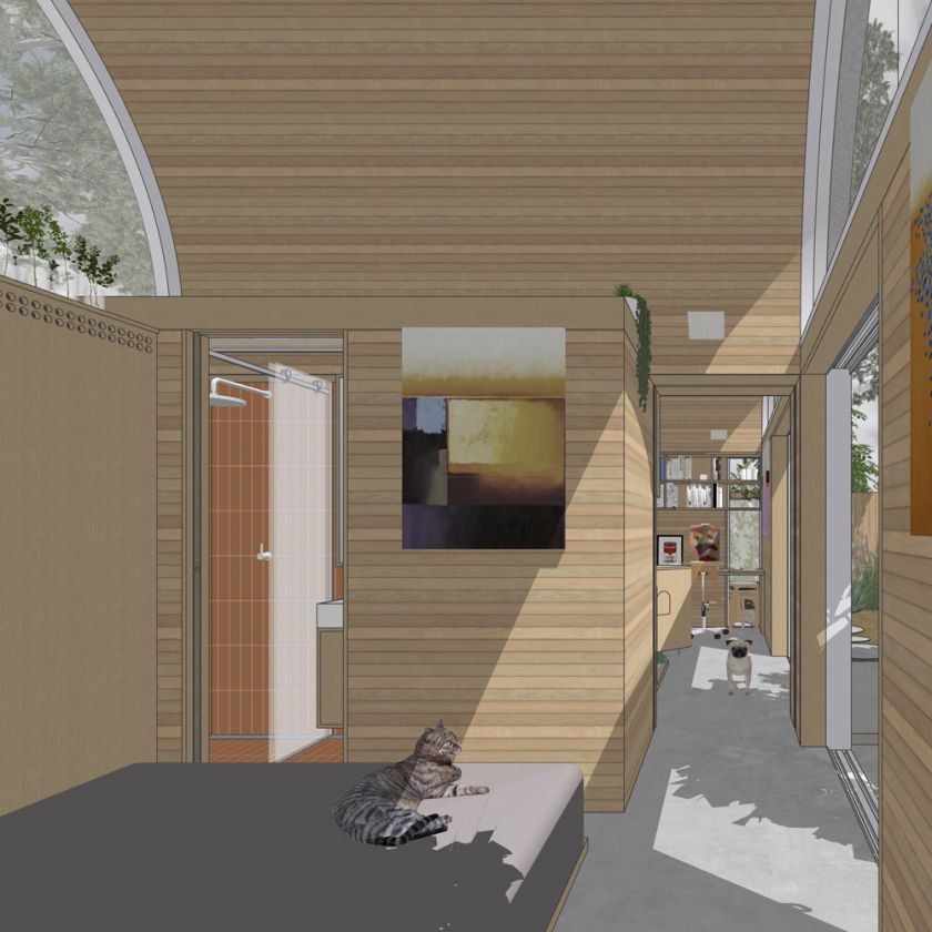 Visualisation of Art Studio Cabin interior view of bedroom through to art workspace