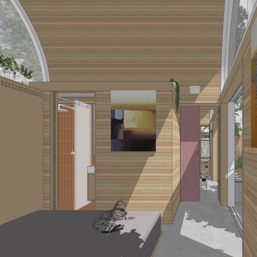 Visualisation of Art Studio Cabin interior view of bedroom through to art workspace