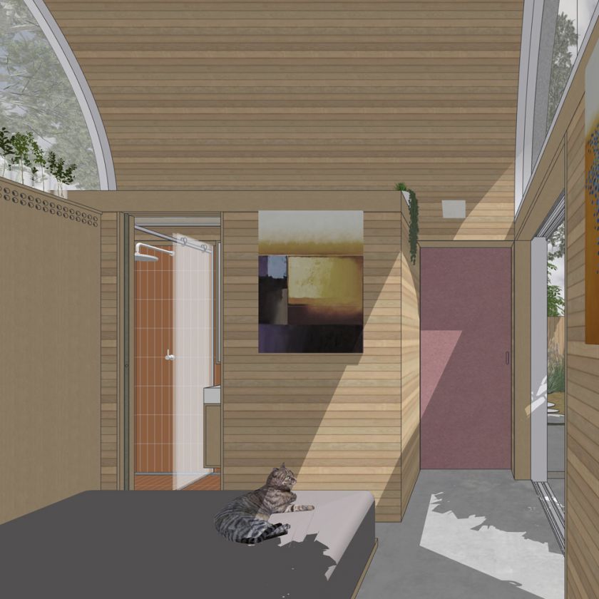 Visualisation of Art Studio Cabin interior view of bedroom through to art workspace