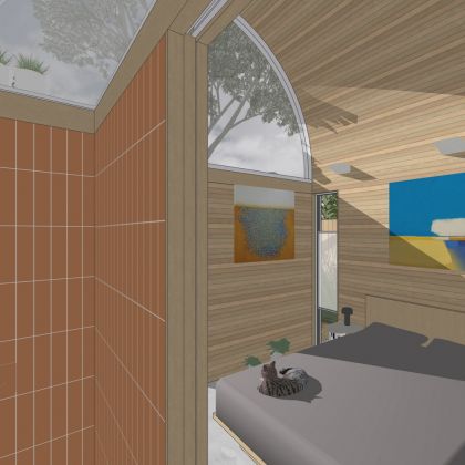 Visualisation of Art Studio Cabin interior view of bedroom from bathroom