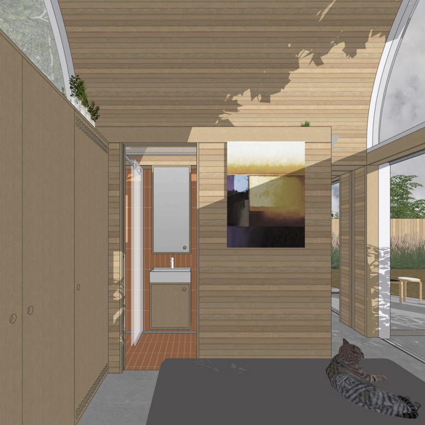 Visualisation of Art Studio Cabin interior view of bedroom towards bathroom