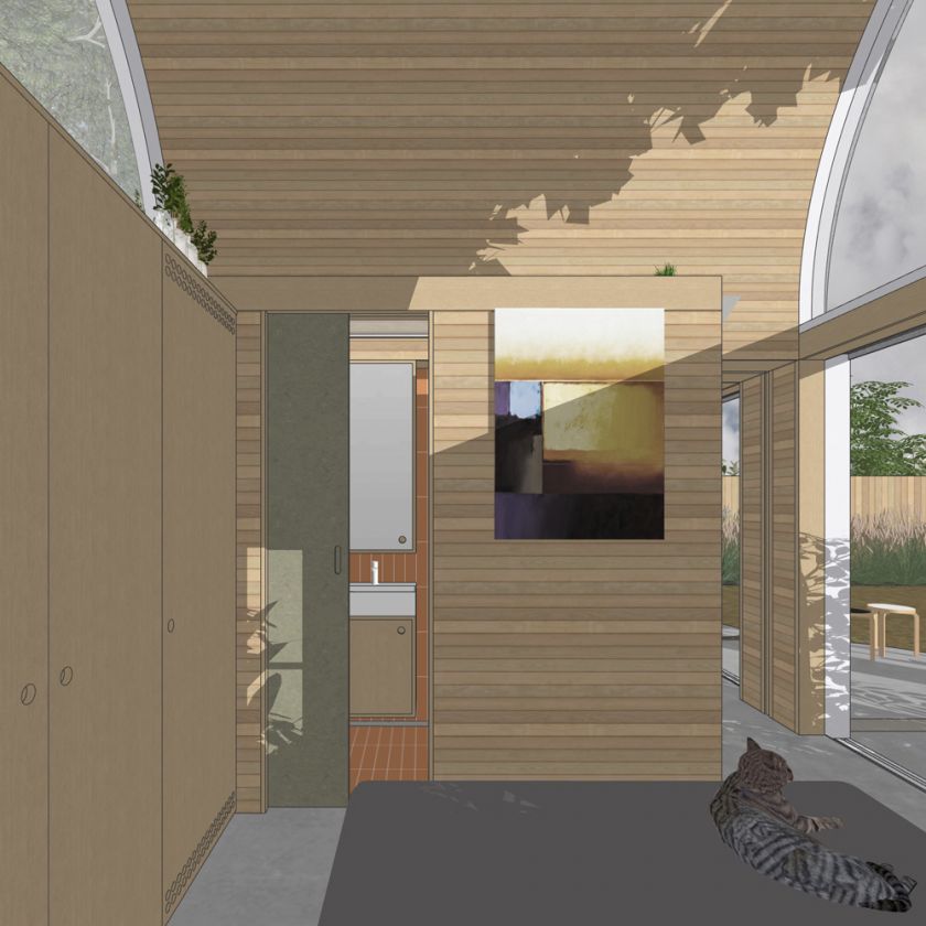 Visualisation of Art Studio Cabin interior view of bedroom towards bathroom