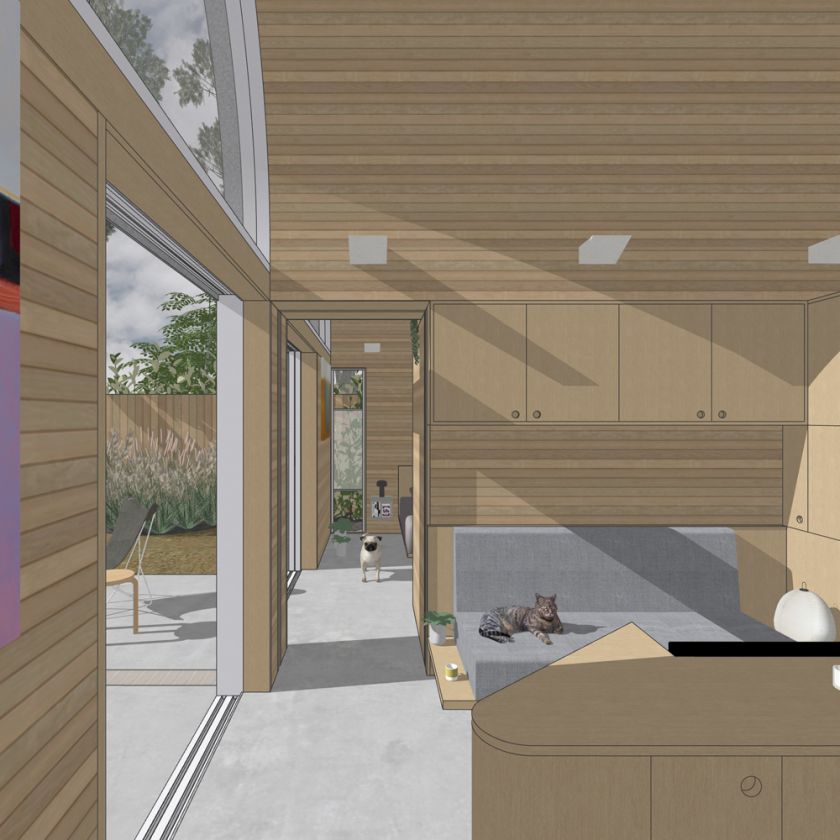 Visualisation of Art Studio Cabin interior view of living area towards bedroom