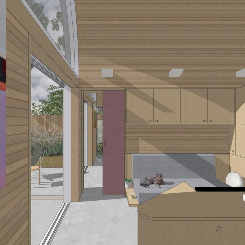 Visualisation of Art Studio Cabin interior view of living area towards bedroom
