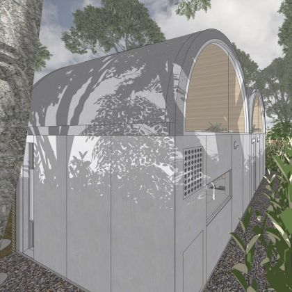 Art Studio Cabin visualisation of elevated view of the exterior at rear corner