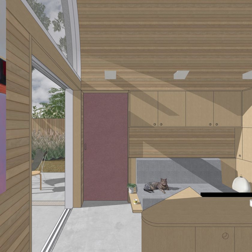 Visualisation of Art Studio Cabin interior view of living area towards bedroom