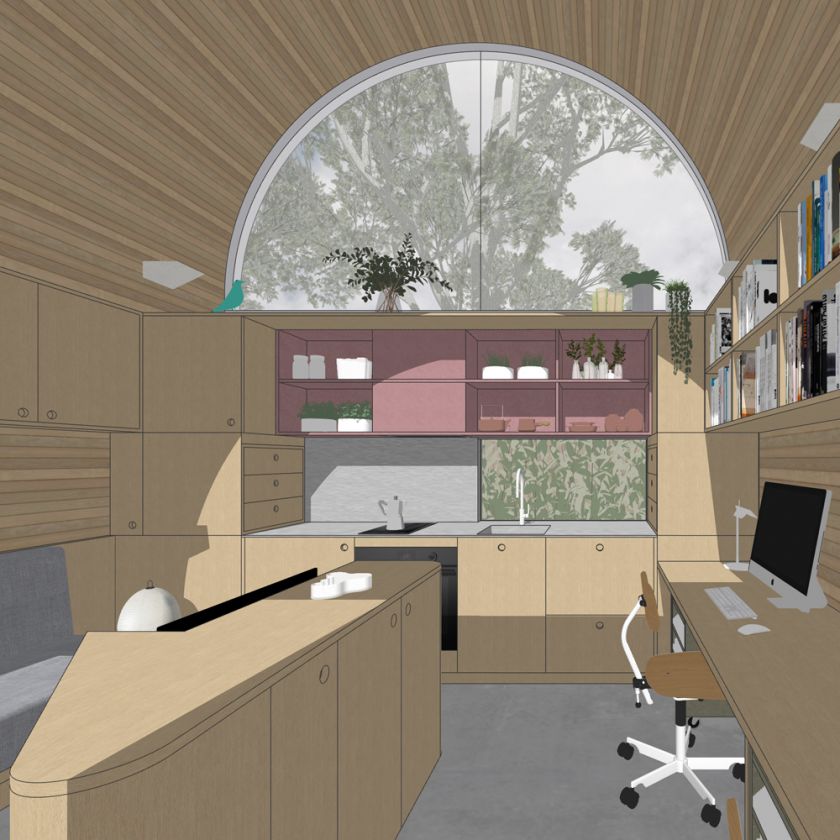 Visualisation of Art Studio Cabin interior view of art workspace towards kitchen