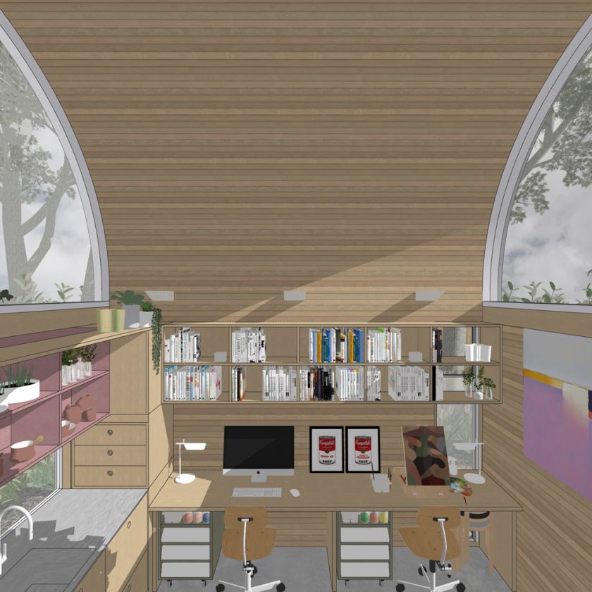 Visualisation of Art Studio Cabin interior elevated view of art workspace