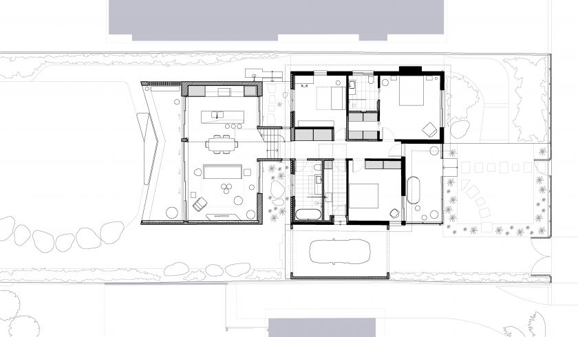 Binary House ground floor plan and first floor plan and site plan