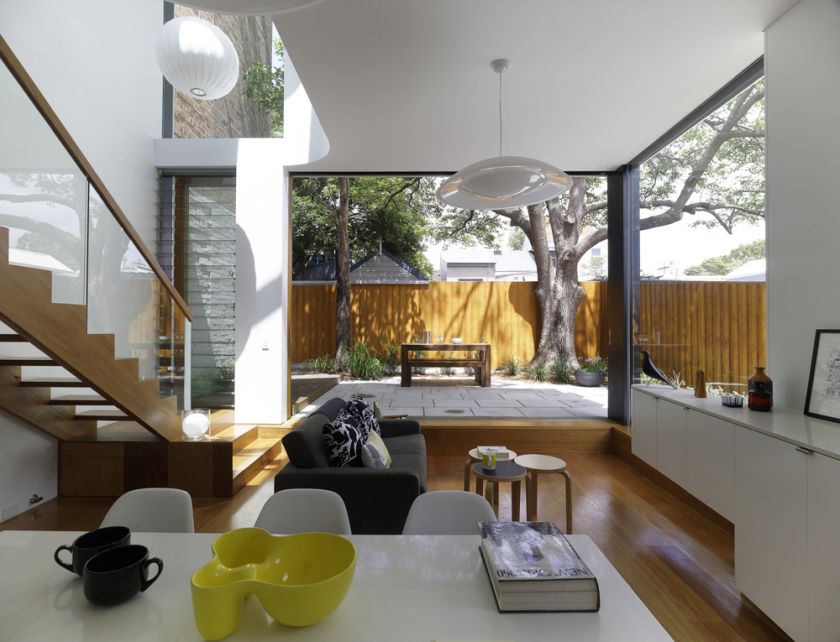 Elliott Ripper House living area & stair with view to courtyard