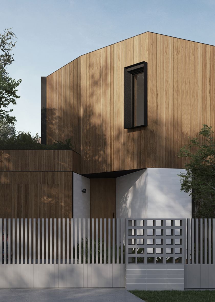 Flexion House exterior detail view of front entry and material language