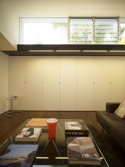 Haines House living room with joinery & hightlight glazing