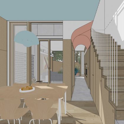 Interior dining area view towards rear