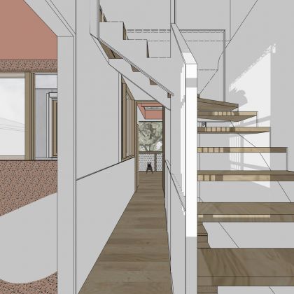 Interior view along upper hall towards rear
