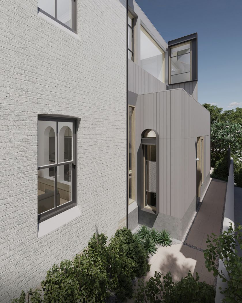 Trafalgar House side oblique view of addition extending from original front form