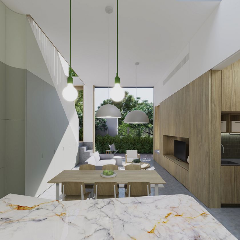 Trafalgar House rear ground floor interior towards landscaped courtyard