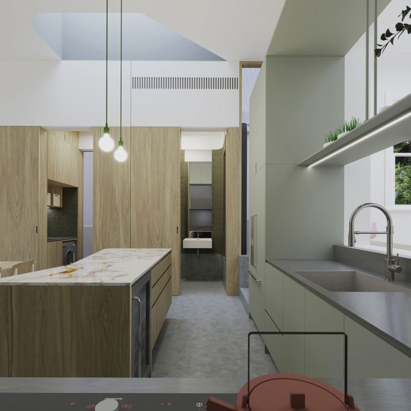 Trafalgar House kitchen view towards services spine