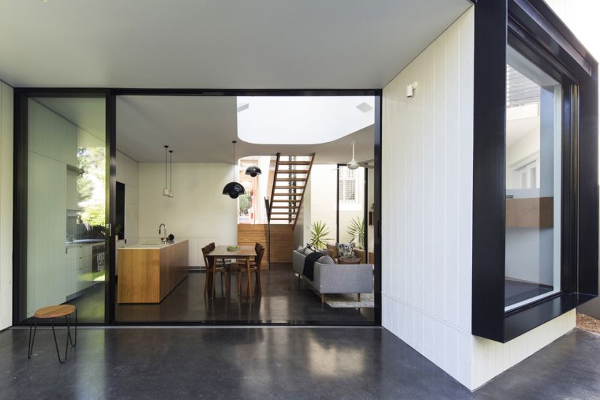 Unfurled House terrace view to interior living spaces