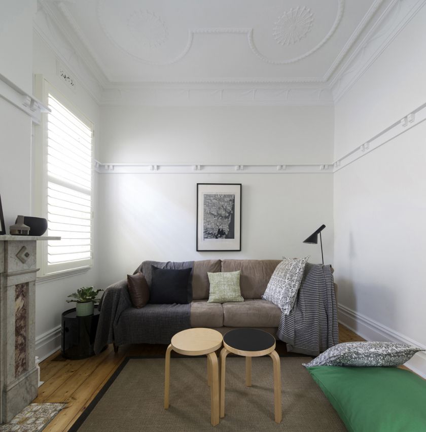 Unfurled House interior view of refurbished original living room