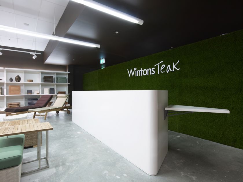 Wintons Teak Showroom sales counter joinery & turf wall detail